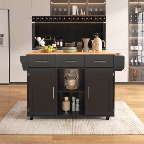 Chariot De Cuisine 139x46/71x91,5 Cm Avec 3 Tiroirs, 2 Portes, Roulettes, Compartiment Ouvert, Noir
