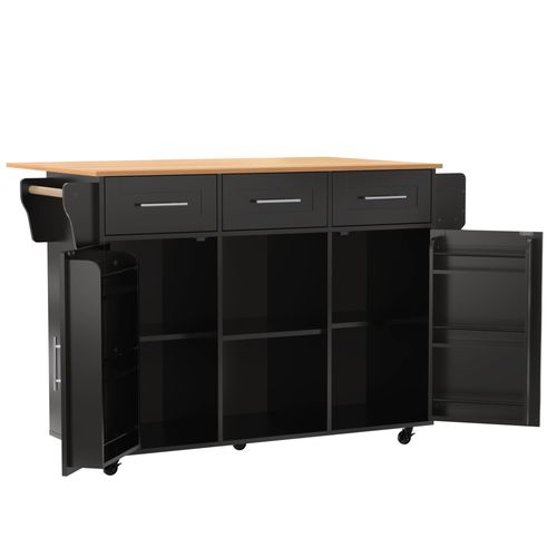 Chariot De Cuisine 139x46/71x91,5 Cm Avec 3 Tiroirs, 2 Portes, Roulettes, Compartiment Ouvert, Noir