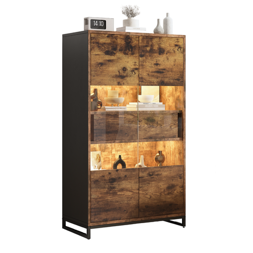Vitrine 80x40x138 Cm Avec 2 Tiroirs, 2 Portes, Étagères, LED, Rangements, Noire Et Marron