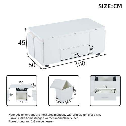 Table Basse Relevable 100x50x45 Cm Avec 4 Tabourets, 1 Tiroir, LED, Panneaux De Particules, Blanc