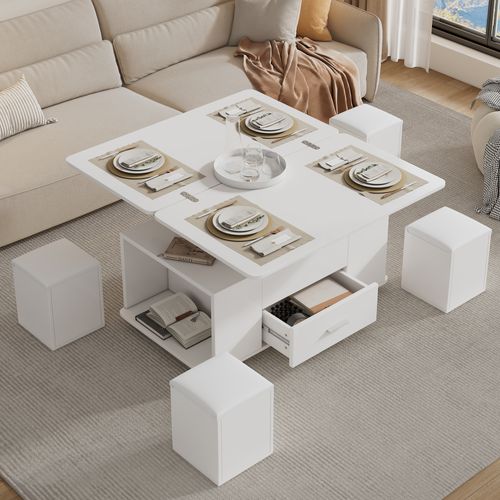 Table Basse Relevable 100x50x45 Cm Avec 4 Tabourets, 1 Tiroir, LED, Panneaux De Particules, Blanc