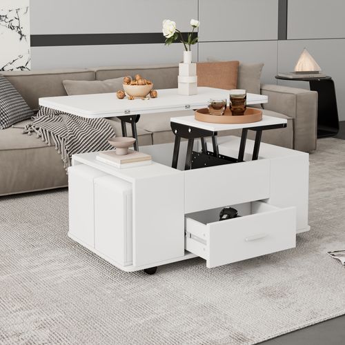 Table Basse Relevable 100x50x45 Cm Avec 4 Tabourets, 1 Tiroir, LED, Panneaux De Particules, Blanc