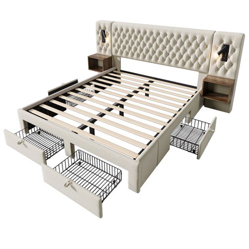Lit Adulte 160x200 Cm Avec 4 Tiroirs, 2 Tables De Chevet, Lampes, USB/type C, En Velours, Beige