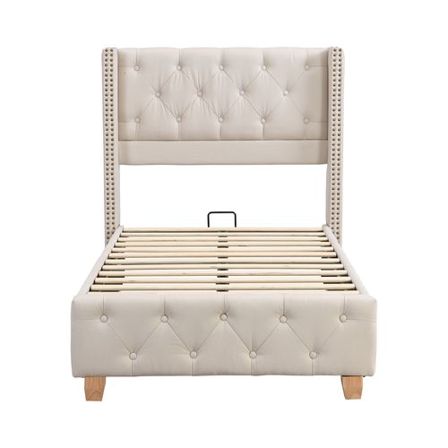 Lit Enfant 90x200 Cm, Lit 1 Place Avec Tête De Lit Et Sommier, Lin, Beige