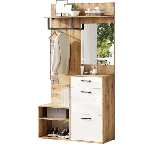 Vestiaire 100x38,5x190 Cm Avec Miroir, Tiroir, 2 Armoires Et Portemanteau, Mdf, Couleur Bois