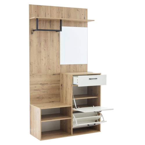 Vestiaire 100x38,5x190 Cm Avec Miroir, Tiroir, 2 Armoires Et Portemanteau, Mdf, Couleur Bois