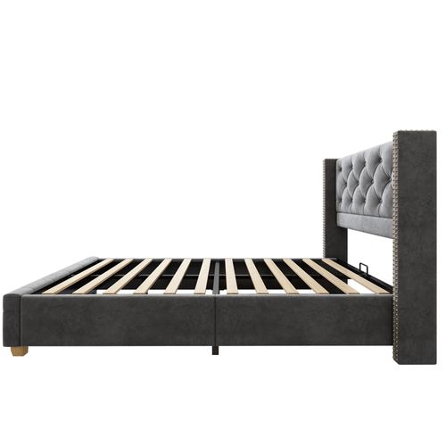 Lit Enfant 90x200 Cm, Lit 1 Place Avec Tête De Lit Et Sommier, Velours, Gris