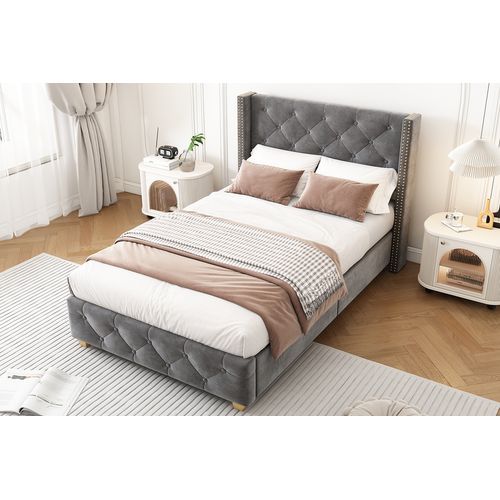 Lit Enfant 90x200 Cm, Lit 1 Place Avec Tête De Lit Et Sommier, Velours, Gris