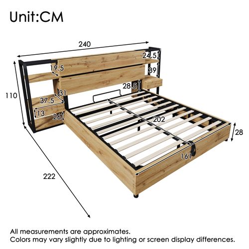Lit Coffre Adulte 160x200 Cm Avec Rangement, Prises USB-c, 2 Tiroirs, Sommier, Mdf, Couleur Chêne