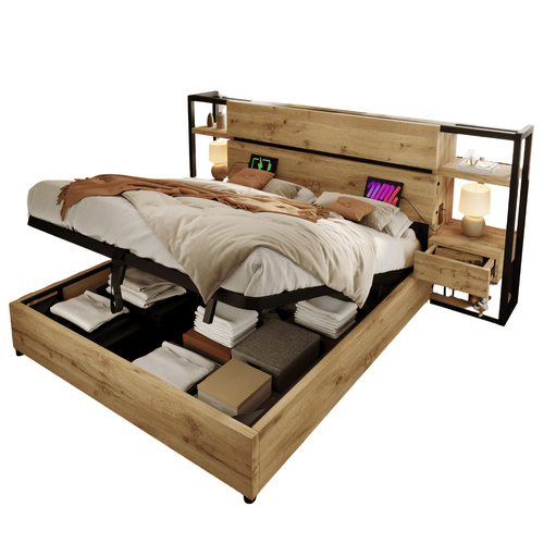 Lit Coffre Adulte 160x200 Cm Avec Rangement, Prises USB-c, 2 Tiroirs, Sommier, Mdf, Couleur Chêne
