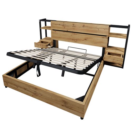 Lit Coffre Adulte 160x200 Cm Avec Rangement, Prises USB-c, 2 Tiroirs, Sommier, Mdf, Couleur Chêne