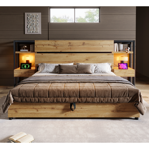 Lit Coffre Adulte 180x200 Cm Avec Rangement, Prises USB-c, 2 Tiroirs, Sommier, Mdf, Couleur Chêne