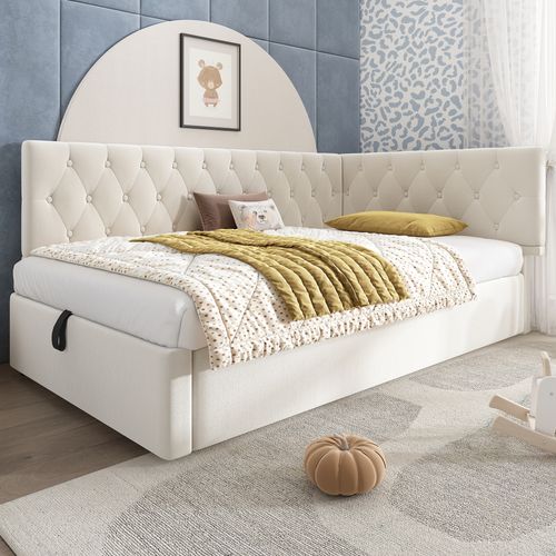 Lit Coffre Enfant 90x190 Cm Avec Rangement, Lit Simple Avec Sommier à Lattes, Velours, Beige