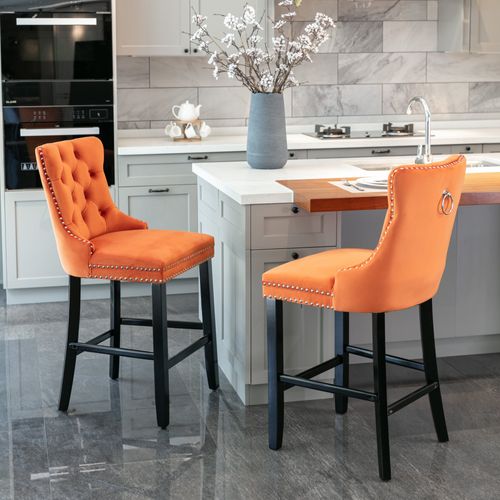 Lot De 2 Tabourets De Bar 60x50x104 Cm Dossier Haut, Velours Orange, Pieds En Bois