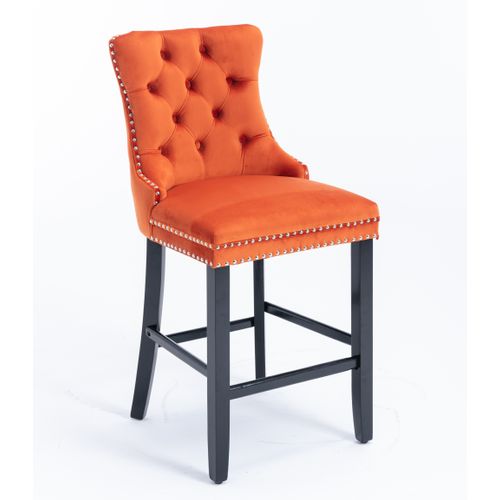 Lot De 2 Tabourets De Bar 60x50x104 Cm Dossier Haut, Velours Orange, Pieds En Bois