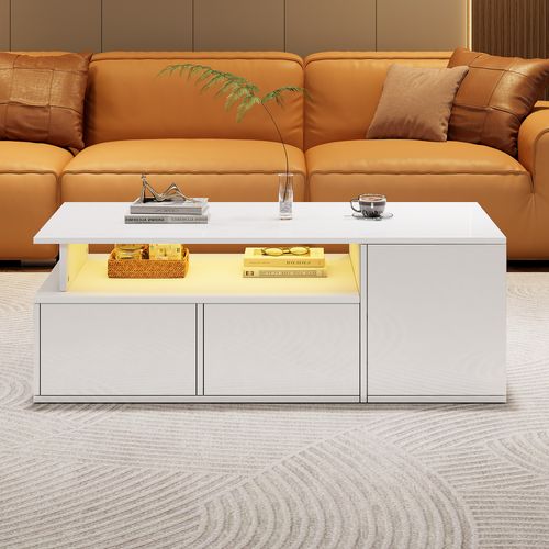 Table Basse Moderne 100x50x35cm, 2 Tiroirs, Compartiments Ouverts, Blanc Brillant