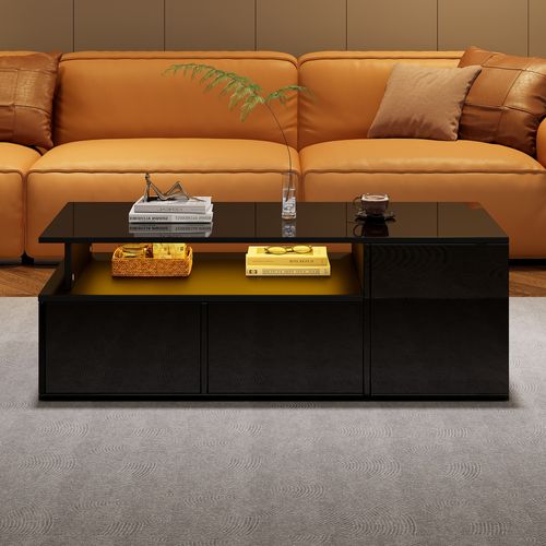 Table Basse Moderne 100x50x35cm, 2 Tiroirs, Compartiments Ouverts, Noir Brillant