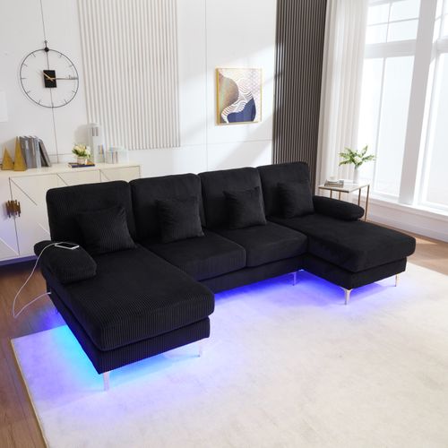 Canapé Angle 4 Places 265x135x88 Cm Avec LED, Prise USB-c, 4 Coussins, Dossier, En Velours, Noir