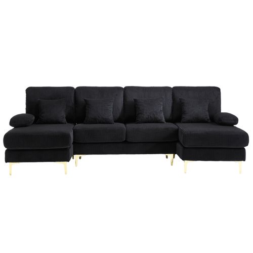 Canapé Angle 4 Places 265x135x88 Cm Avec LED, Prise USB-c, 4 Coussins, Dossier, En Velours, Noir