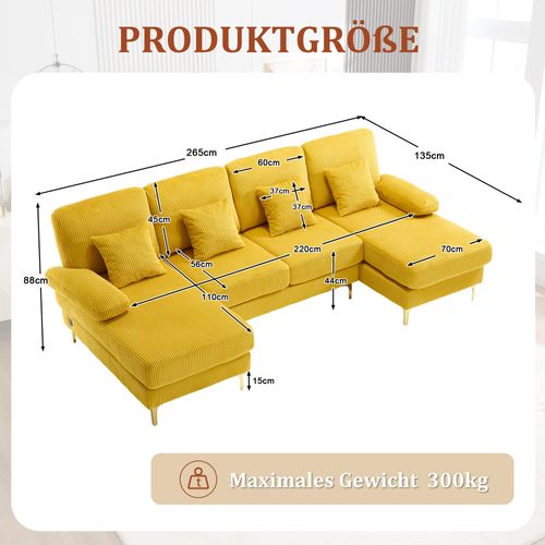 Canapé Angle 4 Places Avec LED, Prise USB-c, 4 Coussins, Dossier, Velours, Jaune