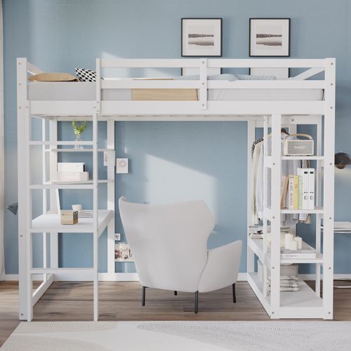 Lit Mezzanine 140x200cm, Avec Bureau, Étagères, Échelle Et Rambarde De Sécurité, Blanc