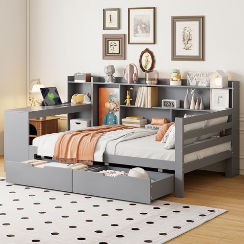 Lit Enfant 90 X 200cm En Bois, Lit Simple, Bureau, 2 Tiroirs, Rangements Et Étagères, Prise, Gri