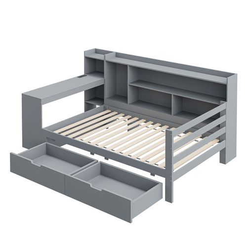 Lit Enfant 90 X 200cm En Bois, Lit Simple, Bureau, 2 Tiroirs, Rangements Et Étagères, Prise, Gri