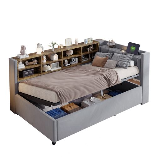 Lit Enfant Coffre 90x200 Cm, Ports USB/type-c, Compartiments De Rangement, Velours, Gris Clair