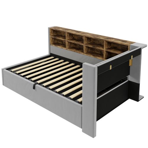 Lit Enfant Coffre 90x200 Cm, Ports USB/type-c, Compartiments De Rangement, Velours, Gris Clair