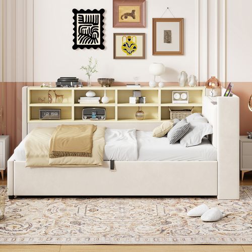 Lit Enfant Coffre 90x200 Cm, Ports USB/type-c, Compartiments De Rangement, Velours, Beige