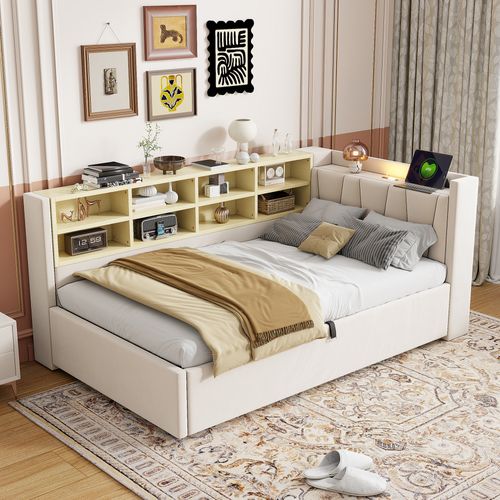 Lit Enfant Coffre 90x200 Cm, Ports USB/type-c, Compartiments De Rangement, Velours, Beige
