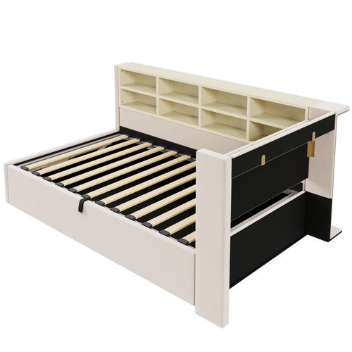 Lit Enfant Coffre 90x200 Cm, Ports USB/type-c, Compartiments De Rangement, Velours, Beige