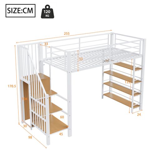 Lit Mezzanine 90x200cm Avec Escaliers Rangements + Penderie, Métal, Blanc