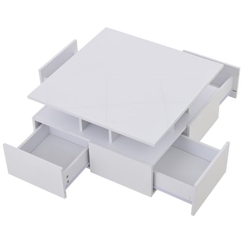 Table Basse 70×70×40 Cm Avec LED, 4 Tiroirs, Rangements Ouverts, En Panneaux Particules, Blanche
