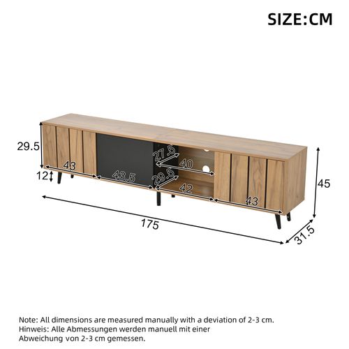 Meuble TV 175 X 31,5 X 45 Cm Avec 3 Portes, Espace De Rangement, En Mdf, Couleur Chêne Et Noir