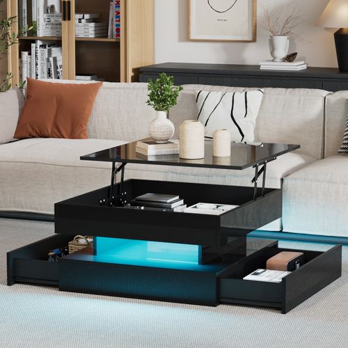 Table Basse Relevable 65 × 65 × 38,5/52.5 Cm Avec 2 Tiroirs, LED, Espace De Rangement Caché, Noir
