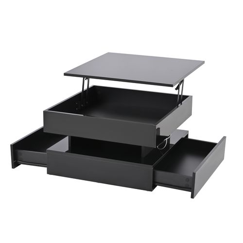 Table Basse Relevable 65 × 65 × 38,5/52.5 Cm Avec 2 Tiroirs, LED, Espace De Rangement Caché, Noir