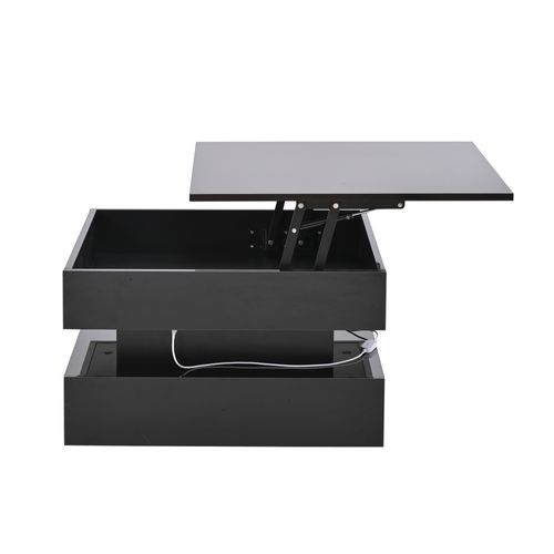 Table Basse Relevable 65 × 65 × 38,5/52.5 Cm Avec 2 Tiroirs, LED, Espace De Rangement Caché, Noir