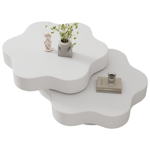 Table Basse Design Fleur 74,8-97x67,5x31 Cm Avec Plateau Pivotant, 2 Étagères, En Mdf, Blanche