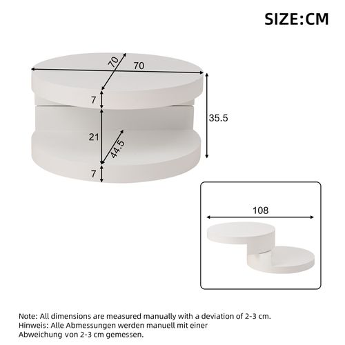 Table Basse Ronde 70x70x35,5 Cm Avec Plateau Pivotant 360°, LED, 2 Étagères, En Mdf, Blanche