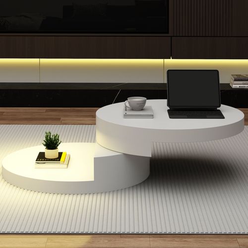 Table Basse Ronde 70x70x35,5 Cm Avec Plateau Pivotant 360°, LED, 2 Étagères, En Mdf, Blanche