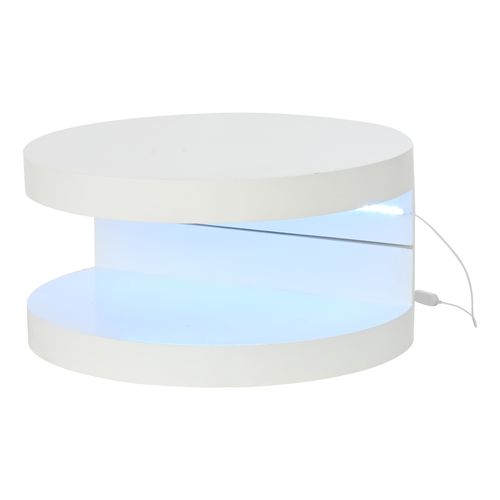 Table Basse Ronde 70x70x35,5 Cm Avec Plateau Pivotant 360°, LED, 2 Étagères, En Mdf, Blanche