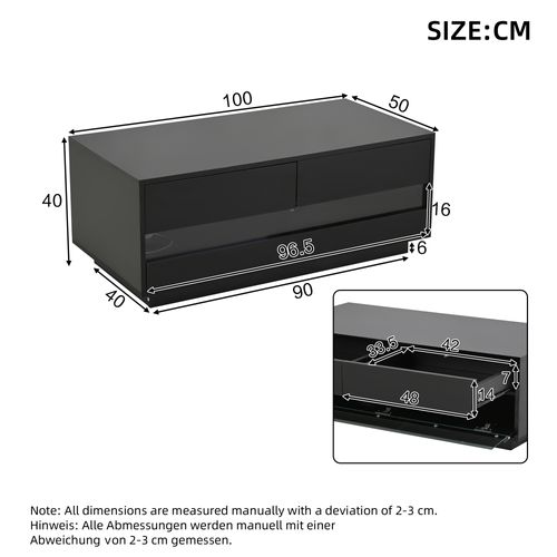 Table Basse Brillante 100 × 50 × 40 Cm Avec 2 Tiroirs, Bandeau LED, Espace De Rangement, Noire