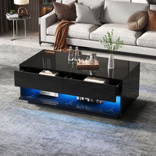Table Basse Brillante 100 × 50 × 40 Cm Avec 2 Tiroirs, Bandeau LED, Espace De Rangement, Noire