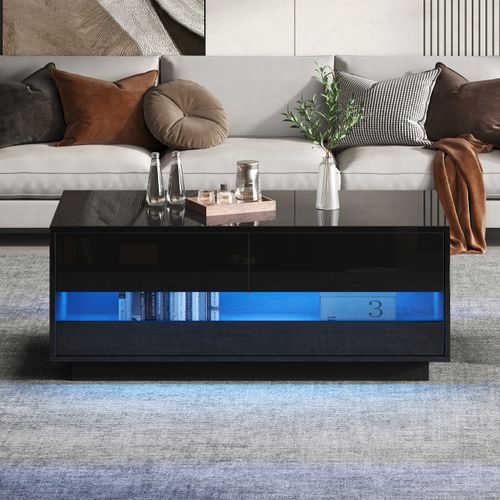 Table Basse Brillante 100 × 50 × 40 Cm Avec 2 Tiroirs, Bandeau LED, Espace De Rangement, Noire