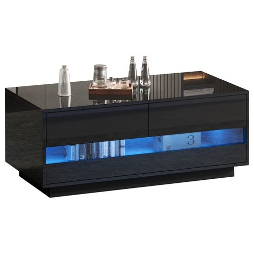 Table Basse Brillante 100 × 50 × 40 Cm Avec 2 Tiroirs, Bandeau LED, Espace De Rangement, Noire