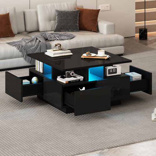 Table Basse 70×70×40 Cm Avec 4 Tiroirs, LED, Design Géométrique, En Panneaux De Particules, Noire