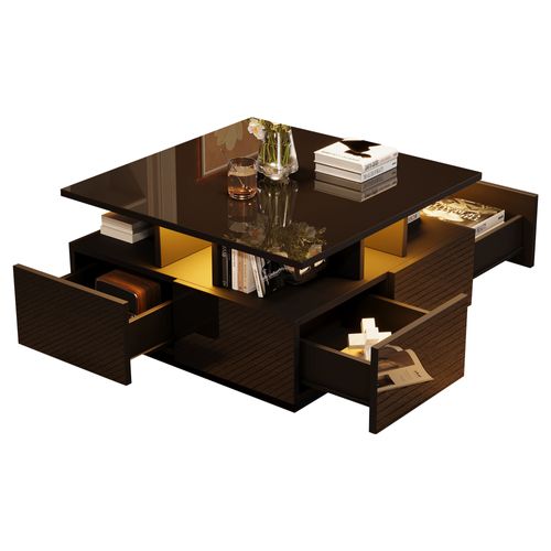 Table Basse 70×70×40 Cm Avec 4 Tiroirs, LED, Design Géométrique, En Panneaux De Particules, Noire