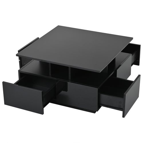 Table Basse 70×70×40 Cm Avec 4 Tiroirs, LED, Design Géométrique, En Panneaux De Particules, Noire