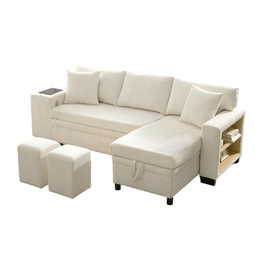 Canapé Convertible 3 Places En Forme De L Avec USB, Coussins, Rangement, En Tissu, Beige